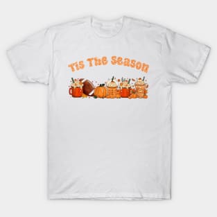 Tis The Season Latte Pumpkin Spice Leaf Football Fall Thanksgiving T-Shirt